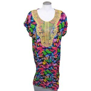 Kaftan Maxi Dress Boho Print One Size Vibrant Multicolor Butterfly Gold Accent